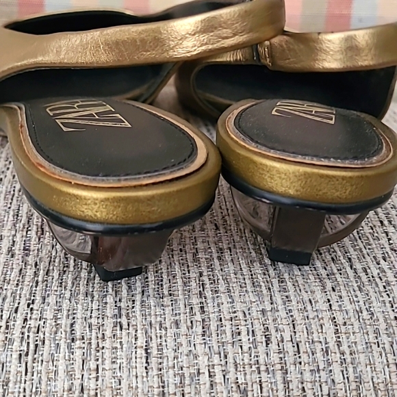 Zara Metallic Gold Genuine Leather Geometric Heel Sling Backs - Picture 5 of 8